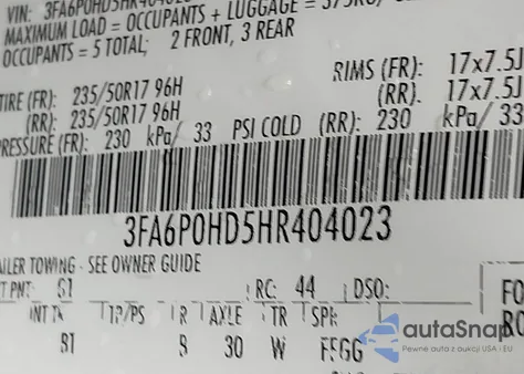 2017 Ford Fusion Se z USA, uszkodzony, nr VIN 3FA6P0HD5HR404023